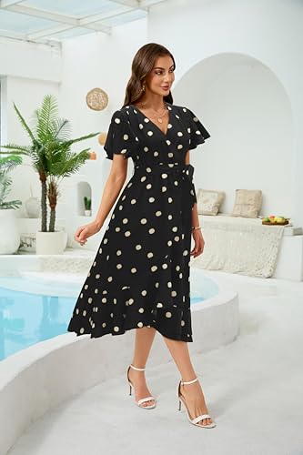 Image of Women's Summer Floral Wrap Dress Casual Boho Printed V Neck Short Sleeve Ruffle Flowy Beach Midi Dresses with Pockets