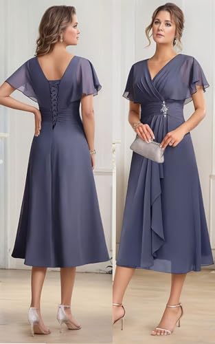 Tea Length Mother of The Bride Dresses for Wedding Short Sleeve V Neck Chiffon Formal Evening Gown for Women2