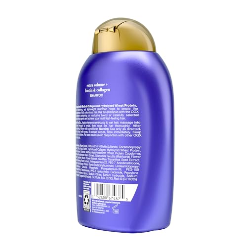 Image of OGX Thick & Full + Biotin & Collagen Extra Strength Volumizing Shampoo with Vitamin B7 & Hydrolyzed Wheat Protein for Fine Hair. Sulfate-Free Surfactants for Thicker, Fuller Hair, 13 fl oz