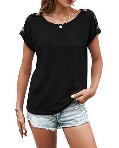WNEEDU Tee Shirt Femme Col Rond Haut Manche Courte Top Décontracté Été T-Shirt Manche Chauve-Souris Chemisier avec Boutons Noir M