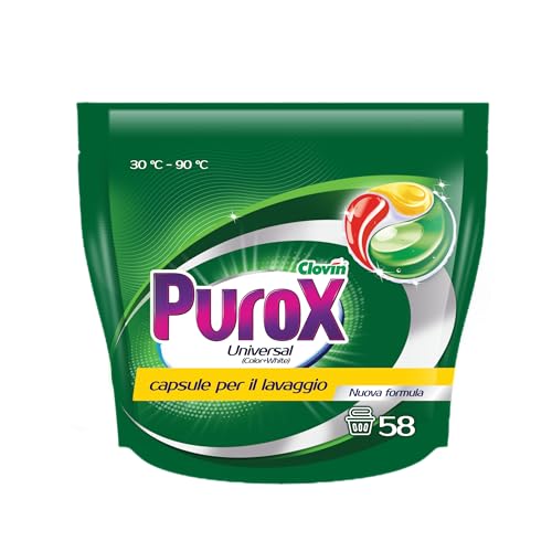 Purox Tricocaps Cápsulas de detergente universales, potente eliminación de manchas, limpieza profunda con frescura duradera, 58 lavados, 58 unidades x 13 gramos, Doypack
