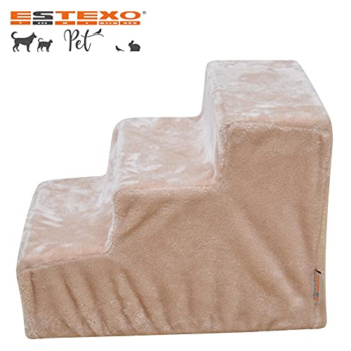 ESTEXO Hundetreppe Katzentreppe Haustiertreppe Tiertreppe Treppenstufen Plüschbezug Einstieghilfe 3 Stufen Beige