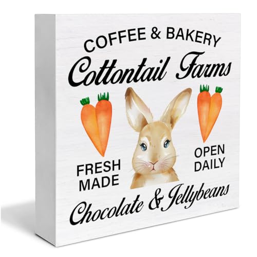 YXSEZ Easter Decor Rustic Easter Bunny Coffee and Bakery Wooden Sign Farmhouse Desk Decorations Home Kitchen Shelf Decor 5 x 5 Inches