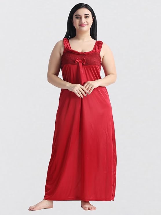 Image of Satin 6 Piece Nightwear Set, Coral Pink Lace Trim Sleepwear with Robe, Nighty, Top, Shorts, Lingerie Set for Women, Summer Collection-Mehndi Green.