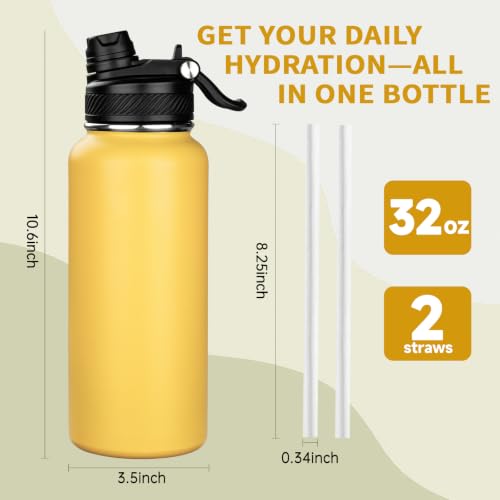 Image of 32 oz Insulated Water Bottle with Leak-proof 2-in-1 Straw and Spout Lid,Stainless Steel Sports Water Bottle with Handle,Double Wall Vacuum Metal Water Flask for Travel Camping School(Yellow,1)