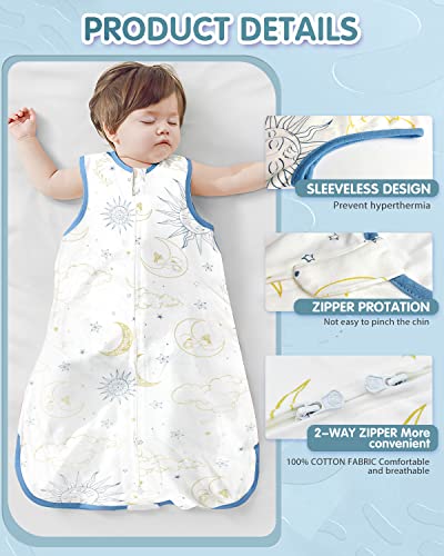 MOXTOYU Baby Sleep Bag, 100% Cotton 0.5 Tog Baby Sleeping Bag, Sleeveless Swaddle Blanket with Two-way Zipper, Baby Blanket For Newborn Boy Girl, Newborn Baby Gift, Moon and Star 12-18M, Blue - Image 2