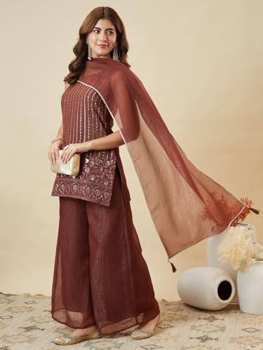 Image of MOKOSH Women's Silk Embroidery Kurta Sharara with Dupatta | Kurta Set | Embroidered |Ethnic Wear |Indian Kurta Outfit with Sharara | 3 Piece Outfit