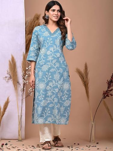 Image of Rimeline Women's Cotton Printed Kurta with Embellished V-Neck Design | Straight Fit Ethnic Wear for Office, Casual & Daily Use