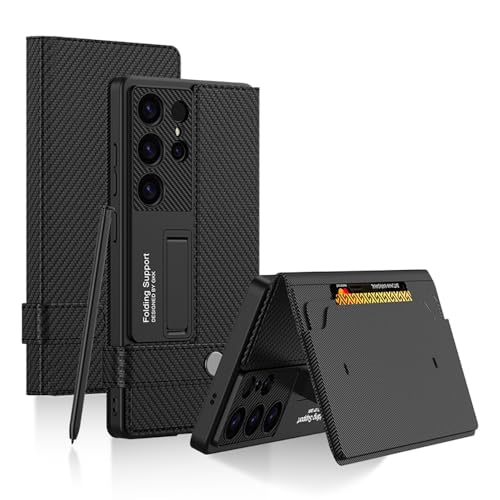 Image of Midkart Leather Flip Cover Compatible with Samsung Galaxy S25 Ultra with Card Holder Built-in Kickstand Magnetic Belt Lock Inner Hard PC with Full Body and Camera Protection, Fiber Black