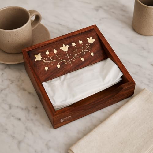 Image of Wooden Tissue Box| Rosewood Napkin Box| Tissue Holder Organizer for Table, Home, Office, Car| Rectangular Facial Paper Cloth Storage Case| Dispenser (7.5X7.5 Inches, Vana Rosewood Tissue Box)