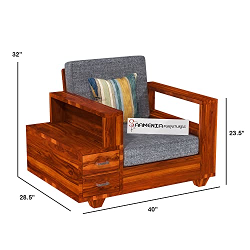 Image of Sheesham Wood Single Seater Sofa | 1 Seater Sofa with 2 Drawer Storage | Wooden Sofa Set Furniture for Living Room Home Office (Honey Finish)