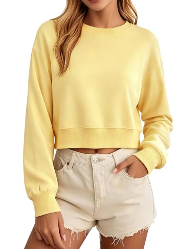 MAPICK Womens Cropped Sweatshirt Oversized Crewneck Cotton Long Sleeve Boxy Crop Pullover Casual Lightweight Athleisure Top Yellow