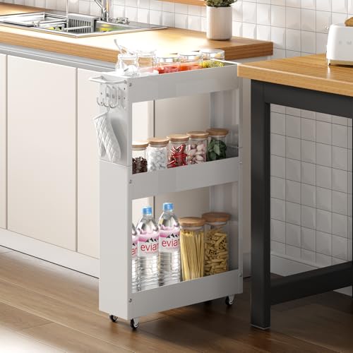 キッチンワゴン 隙間収納 キャスター付き 移動式 3段 13cmスリム設計 ハンドル付き キッチン収納 冷蔵庫横 洗面所 洗濯機横 調味料棚対応 メタルフレーム 組み立て簡単 ホワイト