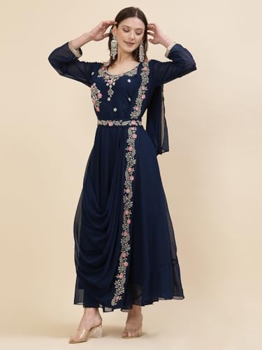 Image of Women's Embroidered Maxi Fit Flared Ethnic Sharee Dress Gown.