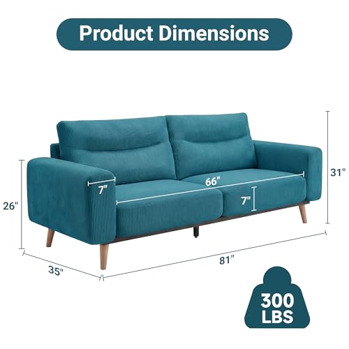 Image of Claiks 81 inch Mid-Century Oversized Loveseat, Corduroy 2-3 Seater Couch, Blue