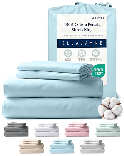 Ella Jayne Percale Sheets King Size (4 Pieces) Permium 100% Cotton Percale TC300, Hotel Luxury Collection, Deep Pockets and Cooling Cotton Percale Sheets King (Aqua)