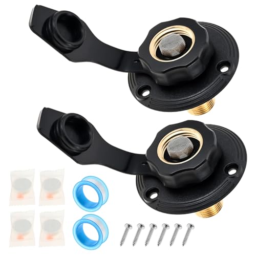 Image of 2Pcs RV City Water Inlet with Check Valve,RV Water Inlet with 3 /4 inch NH Female to 1 /2 inch NPT Male Flange Brass with Dust Plug for RV Camper Motorhome Trailer Marine(Black)