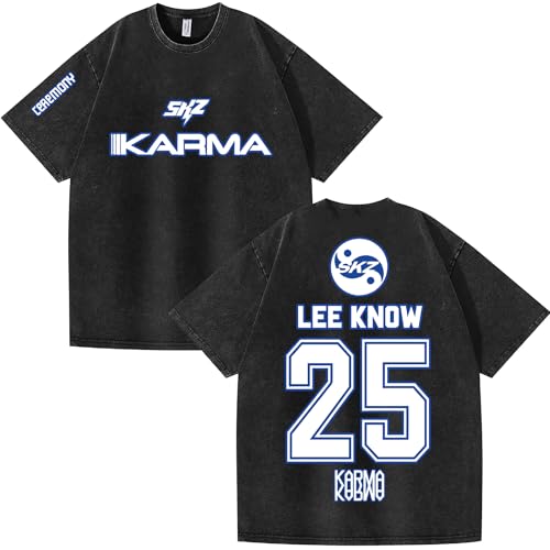 Skz Album Merch Washed Cotton T-Shirt Fashion Pattern Shirt Retro Round Neck Tee Men and Women top (Black-F Large)