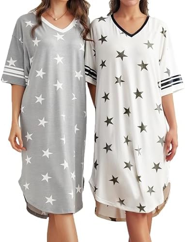 ft FENTENG 2-Pack Nightgowns for Women Comfortable Sleepshirts V-Neck Print Loose Nightdress Ladies Nightgown Sleepwear