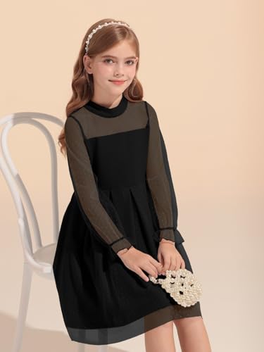 Haloumoning Girls Contrast Mesh Puff Long Sleeve Dresses Mock Neck Formal Party A Line Short Tulle Dress 5-14 Years4