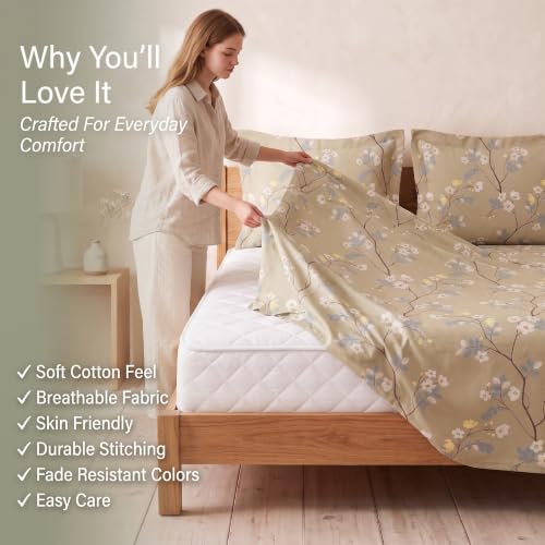 Image of BSB HOME 240 TC Cotton Double Bedsheet with 2 Pillow Covers, Soft & Breathable Bed Sheet for Double Bed, Fade & Wrinkle Resistant, Floral Print, 90 x 100 Inches (228 x 254 cm) - Muted Olive Meadow