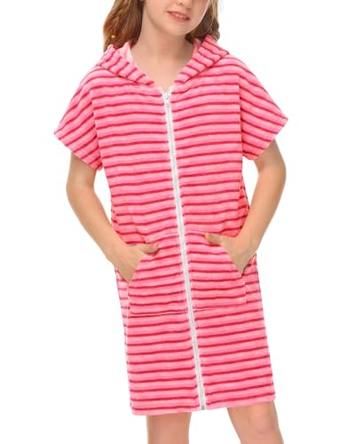 BesserBay Mädchen Schwimmen Strand Badeponcho mit Kapuze Taschen Reißverschluss Unisex Surf Poncho Gradient Rosa Gestreift 140