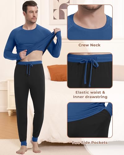 Image of NACHILA Mens Pajamas Set Long Sleeve Henley Sleepwear Top Soft Jogger Pants Pajamas Cool Pjs Set,Viscose Made from Bamboo