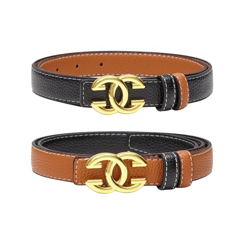 Women’s Reversible Leather Belts for Jeans Pants Fashion Ladies Belt with Gold Buckle