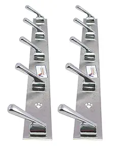 PROMIXO Heavy Duty Cloth Hooks 5 Pin Stainless Steel Hanger for Door, Bedroom, Bathroom, Wardrobes for Hanging Clothes Towel, Keys, Bags - Pack of 2