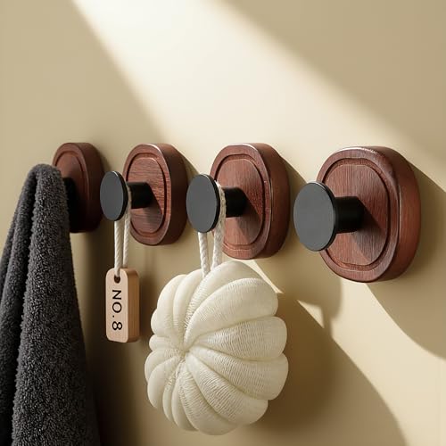 DELITON Suction Cup Hooks for Shower - 4 Pack Wooden Bathroom Towel Hooks Removable Without Drilling, for Hanging Towels, Bath Towels, and Bathrobes