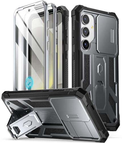 Poetic Spartan Case for Galaxy S24 6.2', [Slide Camera Cover] [Screen Protector Works with Fingerprint ID] Military Grade Rugged Shockproof S24 Phone Case with Kickstand, Metallic Gun Metal