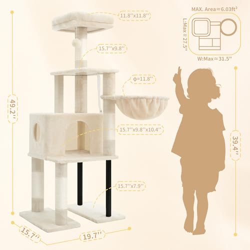 Image of Heybly Cat Tree with Toy, 49.2 inch Cat Tower for Indoor Cats HCT200SM | Spacious Cat House Condo with Hidden Space,Soft Plush Top Perch,Cozy Hammock and Sisal Scratching Posts, Beige