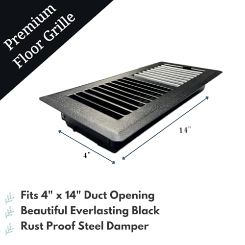 Image of 4 inch x 14 inch Black Floor Register 2 Way - Stamped Face Steel Vent Cover, HVAC Floor Grille for AC Heat, Fits 4x14 Duct Opening, Heavy Duty Metal Register