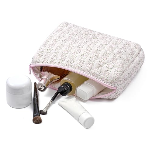 Large Travel Makeup Bag Cosmetic Bag for Women Girls, Cute Large Floral Cotton Cosmetic Bag, Zipper Toiletry Bag Makeup Brushes Accessories Organizer Storage Bag (Pink Floral)2