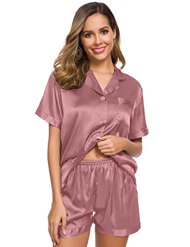Image of SWOMOG Womens Silk Satin Pajamas Set Short Sleeve Sleepwear Button Down Top and Shorts Loungewear 2 Piece Pjs Set XS-3XL