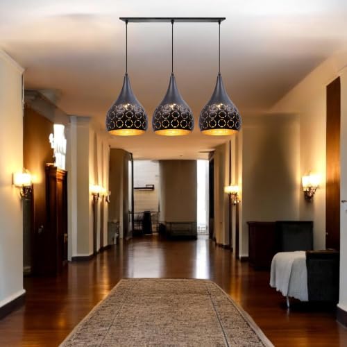 Image of GreyWings Black Aluminium Hanging Light, 3 Pendant Ceiling Lamp for Dining Room, Make in India, E27 Holder, 220V, Bulb Not Included, Linear Set