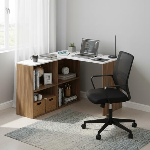 Image of FURNEASER Maggen Engineered Wood Study Table, Workstation, Rotatable Computer Laptop, WFH Office Desk Gaming Table with Storage, Large (Exotic Teak & White)