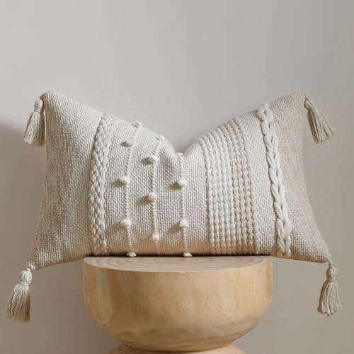 DEZENE Boho Lumbar Pillow Cover 12x20 Beige - Handmade Woven