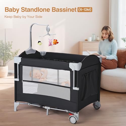 Image of JOYMOR 4 in 1 Pack and Play, Baby Bedside Bassinet, Sturdy Play Yard with Padded Mat and Music Bar with Soft Animals
