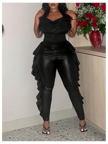 Floerns Women's Plus Size Ruffle Trim Skinny Pants Leather High Waist Trousers4