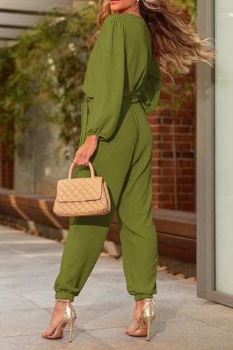 PRETTYGARDEN Women's Fall Jumpsuits Dressy Casual Pants Romper Spring Long Sleeve V Neck Belt Pockets One Piece Outfits