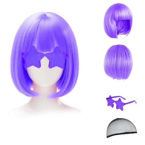 Perruque pour femmes - Perruque bob colorée avec lunettes de fête, Perruques de cosplay pour soirées, Perruques amusantes pour femmes (Bonnet pour cheveux...