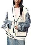 Tbahhir Women Open Front Sweater Cardigan Denim Patchwork Long Sleeve Chunky Knit Button Down Jackets with Pockets