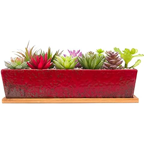 ARTKETTY Succulent Pots - 12.1 Inch Large Succulent Planters Pots with Drainage Tray, Long Rectangle Ceramic Pots for Indoor Cactus/Succulent Plants Shallow Bonsai Window Box for Home Garden Decor Cover