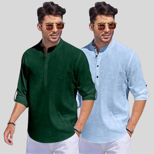 Image of Bellstone Men's Cotton Blend Straight Kurta Shirt Combo with Mandarin Collar - Slim Fit Casual Short Kurti Set Featuring Textured Slub Fabric and Roll-Up Full Sleeves