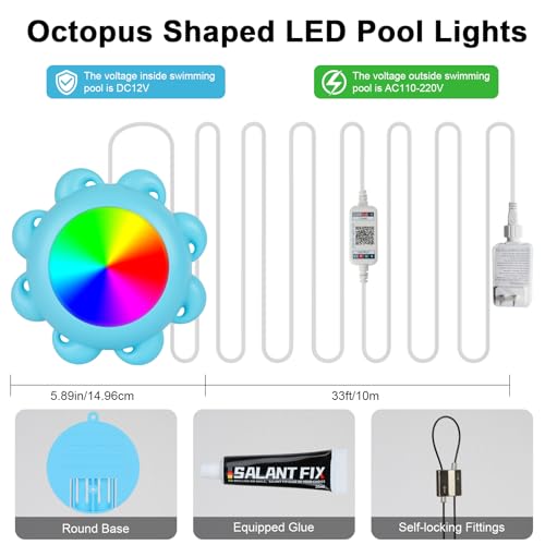 Image of BSGlobal Smart LED Pool Lights with RGB Color Changing, IP68 Waterproof, 10W Submersible Lights with 33ft Cord for Inground /Aboveground Pool, App /Remote Control