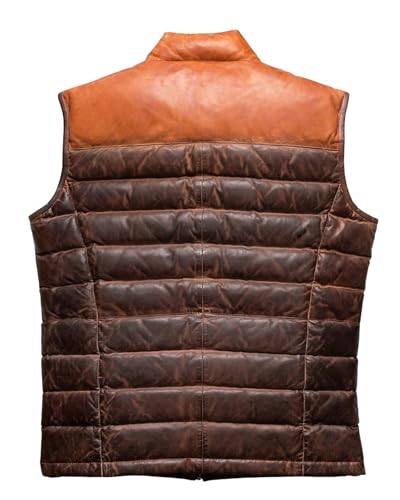 Men's American Style Quilted Puffer Down Vest - Two Tone Tan & Brown Faux And Real Leather Waistcoat3