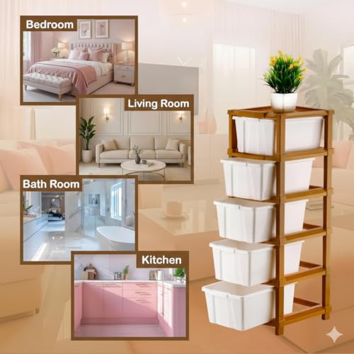 Image of 5 Layer Plastic Modular Storage Drawer Organizer | Chest of Drawer Storage Box for Living Room, Office, School and Home Toys | Organiser for Kids Room | Ivory & Brown (5-Layer ivory)