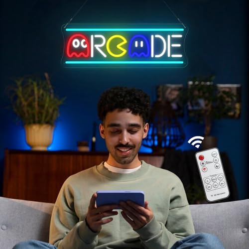 Image of Arcade Neon Sign, Retro Ghost Arcade Game LED Neon Light Sign Dimmable, Handmade 3D Arcade Theme Night Lamp for Teens, Game Room Bedroom Man Cave Basement Home Playroom Birthday Gifts - 16''
