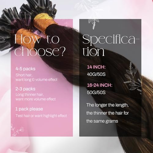 Image of Moresoo K Tip Hair Extensions Real Human Hair Brown Chestnut Ombre, 22 Inch | 50g 50 strands, extended straight length, flexible strand placement for photoshoots, parties and styled looks